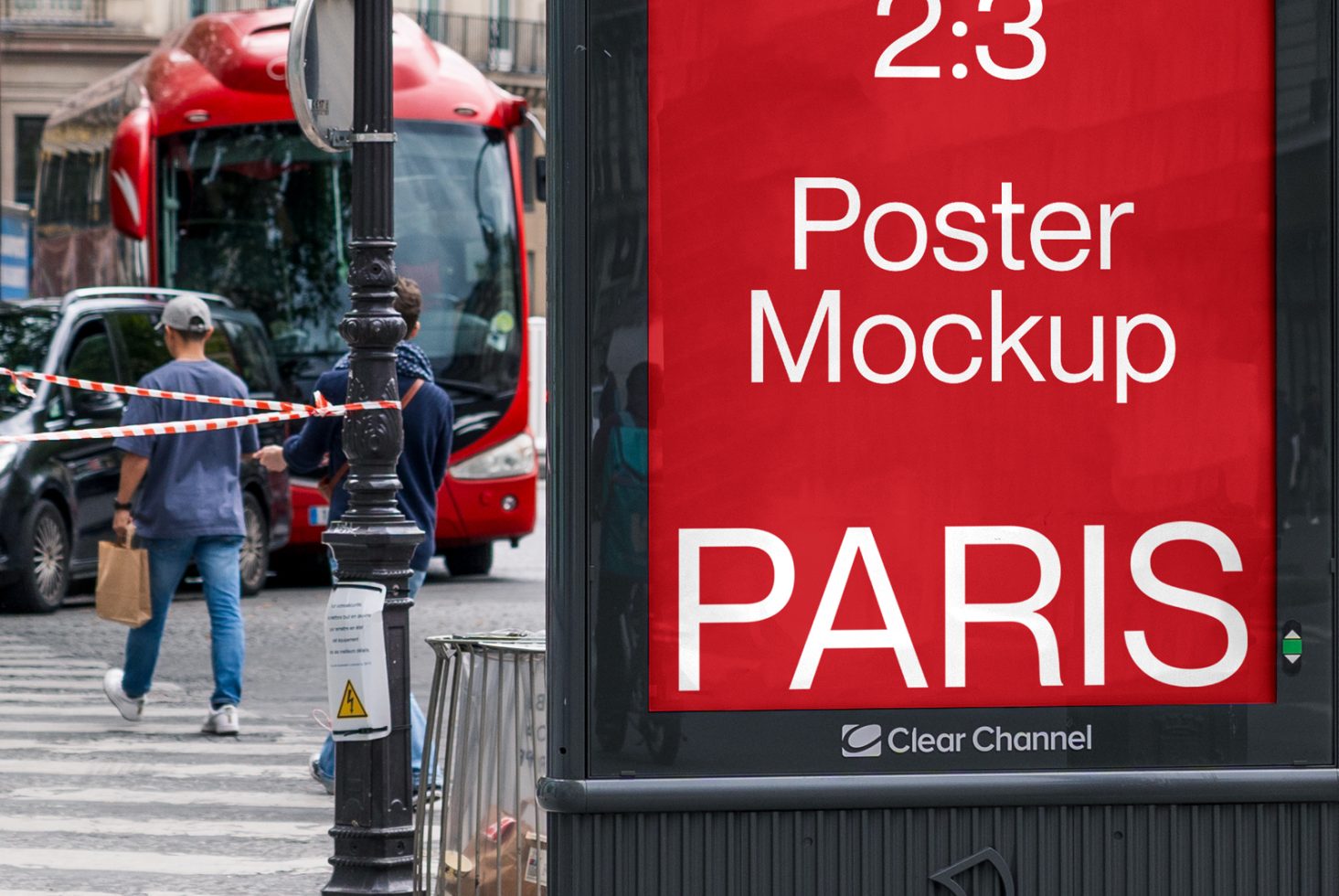 Urban outdoor poster mockup displayed on Paris street with city life backdrop, ideal for realistic advertising design presentations.